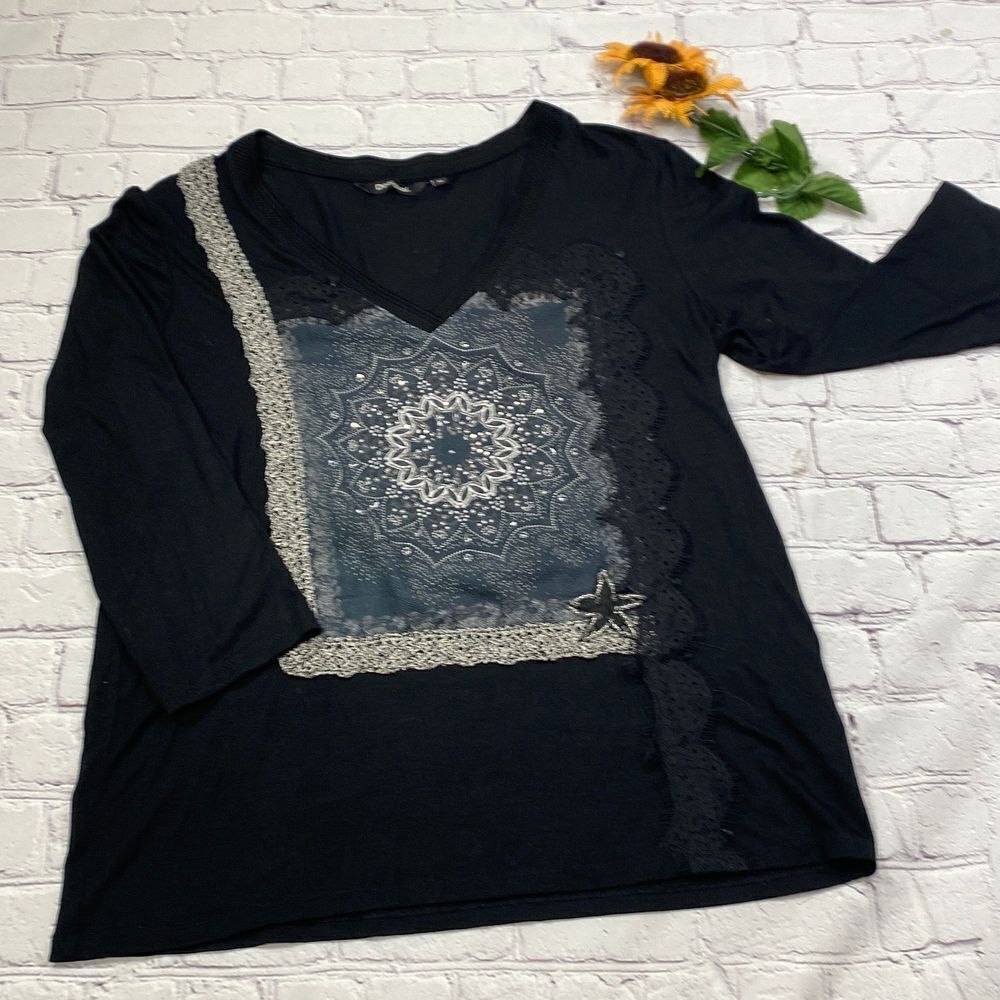 Desigual 3/4‎ Sleeve Ivette V-Neck Embellished Tee  Top Black M